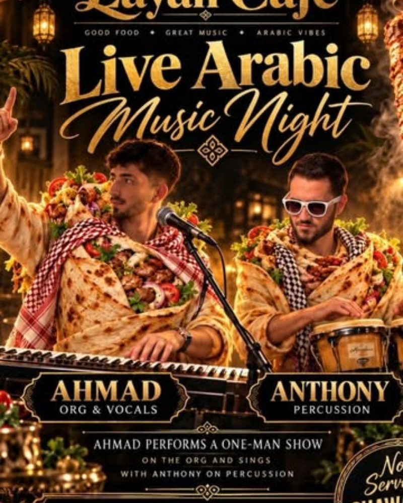 This Friday — it's going down at Layali Cafe! Syrian vibes, halal food, great people.